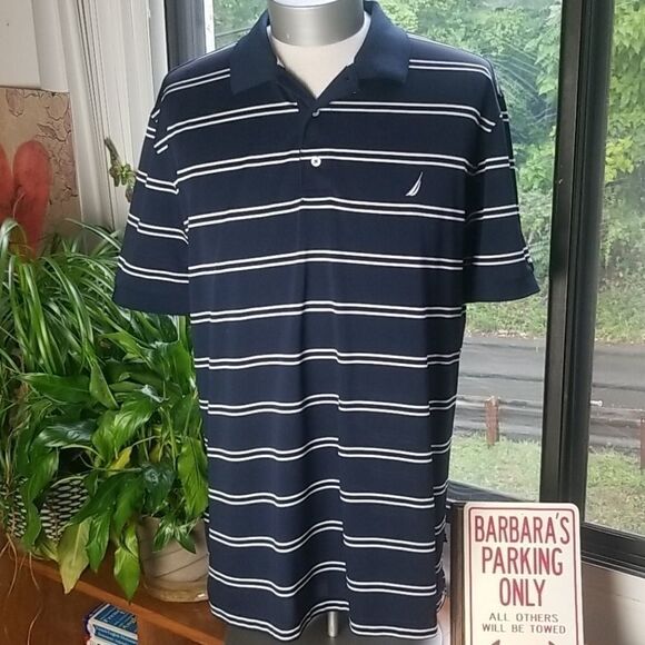 NAUTICA "A Bit TRIMMER" NAVY w/ WHITE STRIPES POLO - Picture 2 of 6